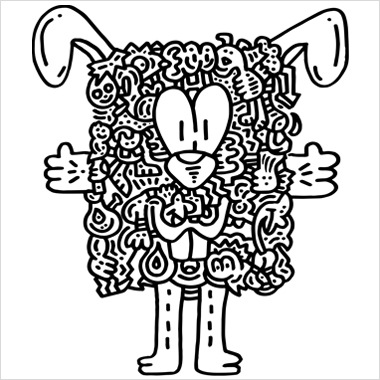 A black and white illustration by Mr. Doodle that resembles a bunny