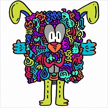 A colored-in version of Mr. Doodle’s bunny-like design against a blue background, by @Alan