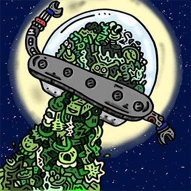 A colored-in version of Mr. Doodle’s spaceship-like design against a black background, by @MarcoRocha