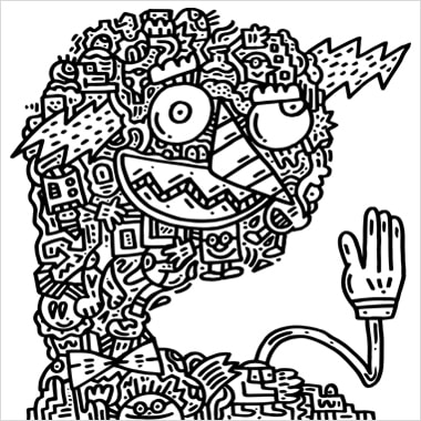 A black and white illustration by Mr. Doodle that resembles a person with a hand
