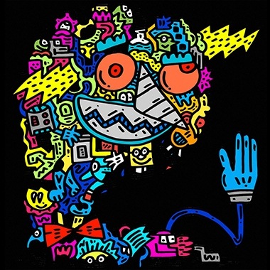 A colored-in version of Mr. Doodle’s person-like design against a black background, by @trigger01