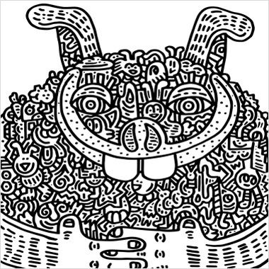 A black and white illustration by Mr. Doodle that resembles a buck-toothed pig