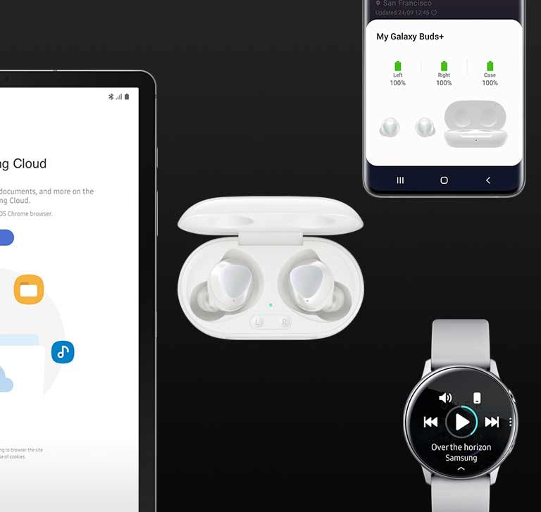 White Galaxy Buds plus are surrounded by Galaxy devices. A tablet with the Samsung Cloud app open is on the left of the earbuds. A phone with the My Galaxy Buds plus pairing screen is on the upper right. A watch playing music is on the bottom right.