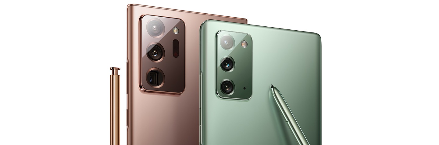 Moitié supérieure du Galaxy Note20 Ultra Bronze Mystique et du Galaxy Note20 Vert Mystique, vue de biais. Un S Pen assorti est repose contre chacun des téléphones.