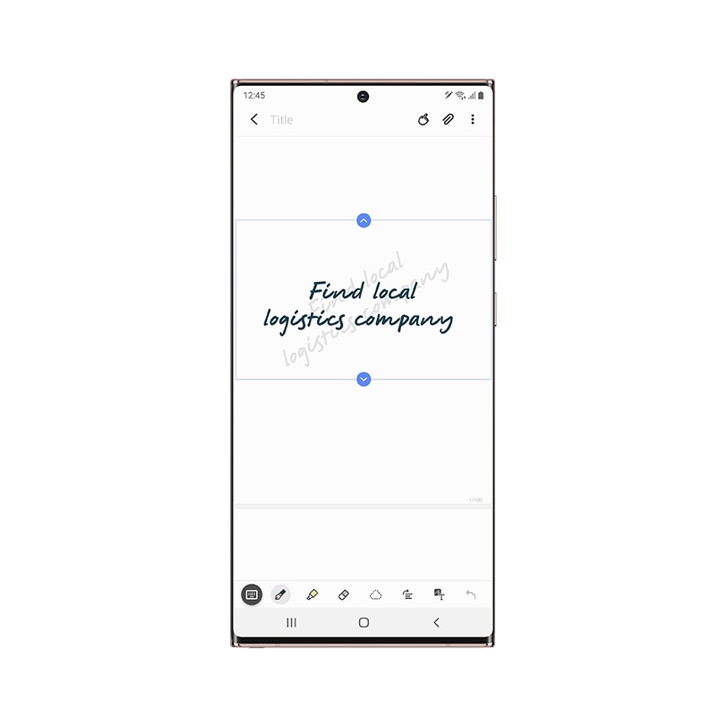 Galaxy Note20 Ultra vu de face avec l’application Samsung Notes à l’écran. Une écriture manuscrite indique Trouver un transporteur local.
