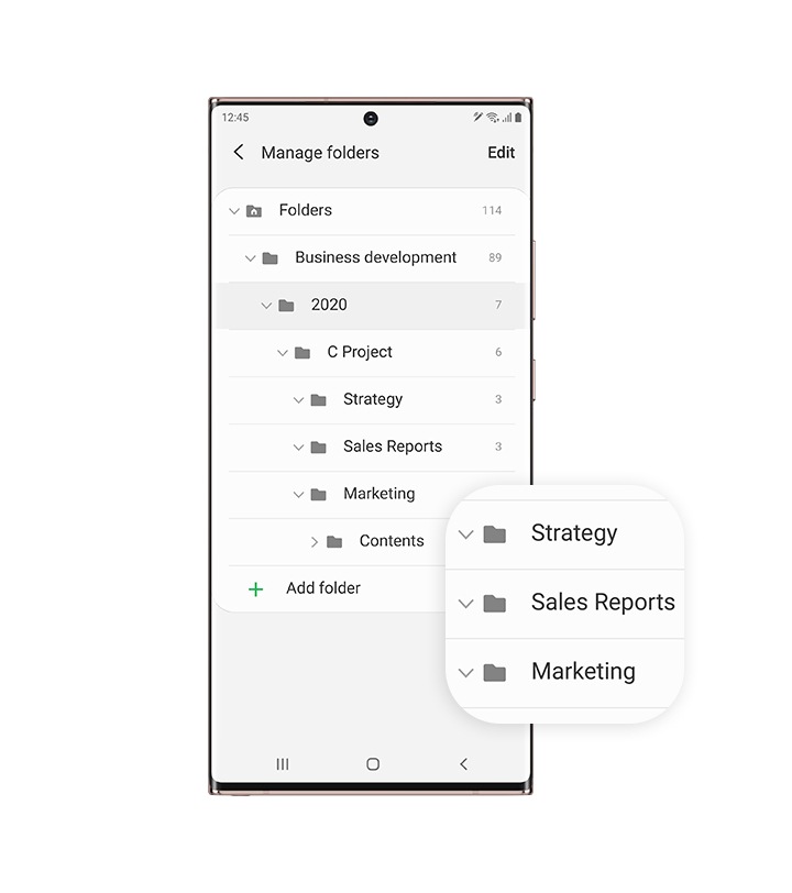 Galaxy Note20 Ultra vu de face avec les dossiers de Samsung Notes à l’écran. Le dossier principal est intitulé Gérer les dossiers, avec les sous-dossiers Développement commercial, 2020, Projet C, Stratégie, Rapports des ventes, Marketing et Contenus. Une bulle agrandit trois des dossiers pour montrer les flèches permettant d’élargir la vue.