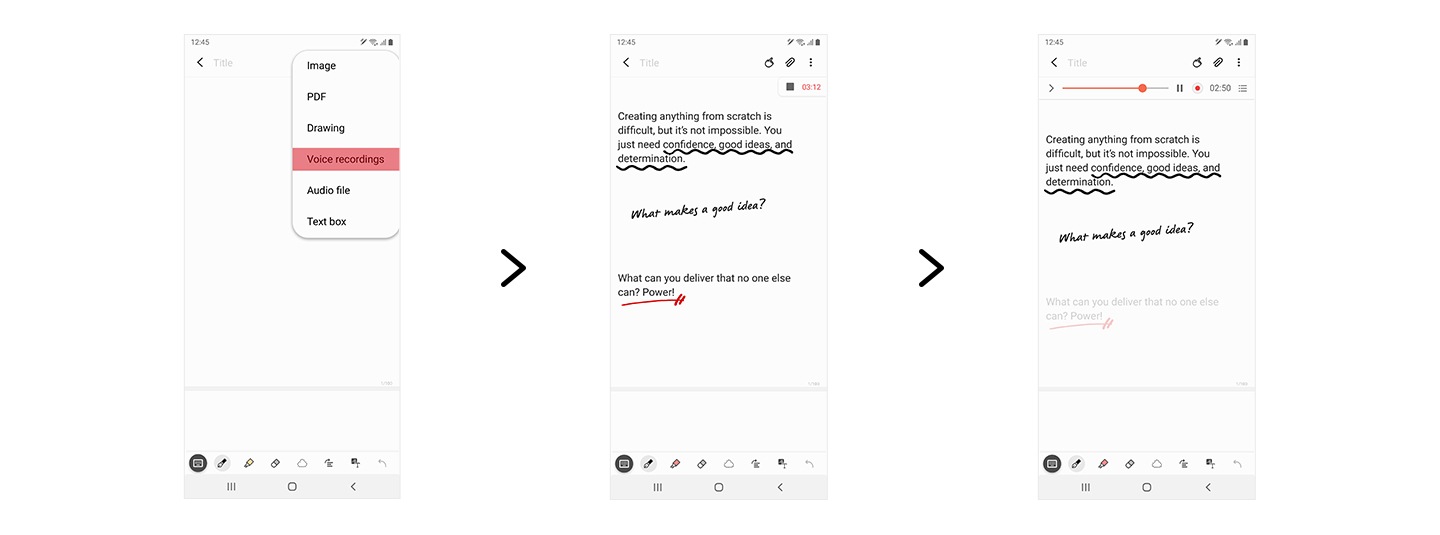 Galaxy Note20 Ultra vu de face avec l’application Samsung Notes à l’écran. On voit un menu intitulé Enregistreur vocal, et à mesure que l’enregistrement avance, dotes sont rédigées et automatiquement synchronisées avec l’enregistrement. L’écran affiche ensuite des notes prises avec la durée d’un enregistrement audio en haut. Un texte indique « Créer quelque chose à partir de rien est difficile, mais pas impossible. Ves nous avez juste besoin de confiance, de bonnes idées et de détermination ». En dessous, un texte manuscrit indique « Qu’est-ce qui fait une bonne idée ? ». On voit comment une note manuscrite se synchronise avec un moment de l’enregistrement pour apparaître quand l’audio est lu.