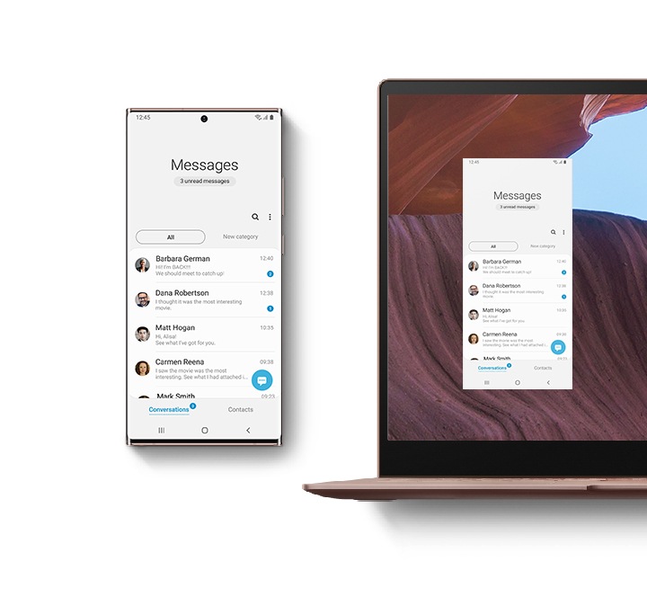 Galaxy Note20 Ultra vu de face avec l’application Messages à l’écran. Il est à côté d’un Galaxy Book S avec la même application Messages sur son écran, montrant la synchronisation entre le Galaxy Note20 Ultra et Windows avec Lien avec Windows.
