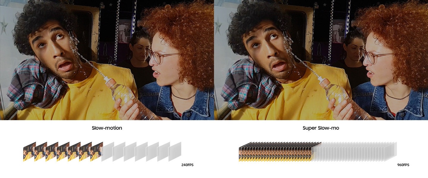 Vidéo enregistrée avec un Galaxy S9 ou un Galaxy S9+ en slow-motion de 240 IPS et Super Slow-mo de 960 IPS avec illustrations sous-jacentes représentant la vitesse des images." data-title-text="Cliquez pour lire ou arrêter la vidéo en Super Slow-mo