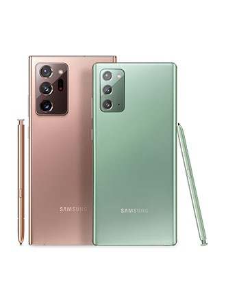Moitié supérieure du Galaxy Note20 Vert Mystique et du Galaxy Note20 Ultra Bronze Mystique, vue de l’arrière et de trois quarts. Un S Pen correspondant est appuyé contre chaque téléphone.