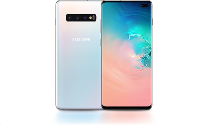 Galaxy S10+ Two Galaxy S10 plus phones in Prism White, one seen from the rear and one seen from the front. The phone seen from the front has an abstract coral and blue gradient graphic onscreen.