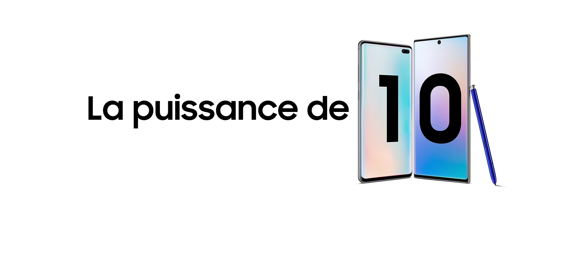 Galaxy S10 plus et Galaxy Note10 plus avec S Pen bleu posé contre le Galaxy Note10 plus. Les deux téléphones présentent un fond d’écran en dégradé.