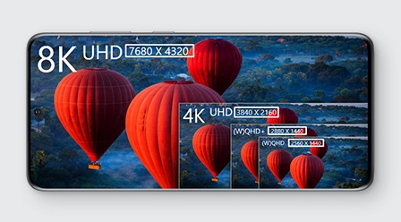 8K video image d’un téléphone S20 présentant les types de résolution