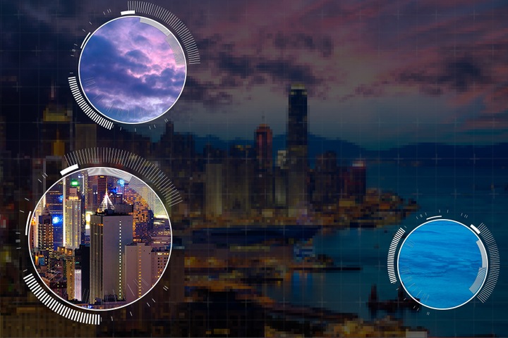 Un téléviseur Samsung QLED 2019 doté de la technologie AI Upscaling affiche une qualité d’image optimisée pour trois parties d’une image représentant une ville proche d’une plage à l’écran.