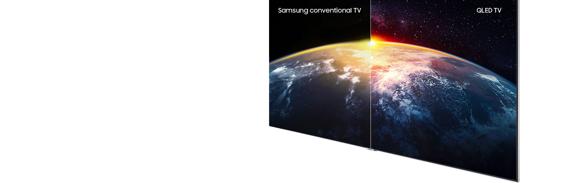 Des images de la Terre éclairée par le soleil pour expliquer Q Contrast. L’image du téléviseur Samsung QLED, à droite, est plus nette que celle des autres téléviseurs sur la gauche. Sur l’image du téléviseur Samsung QLED, on peut voir les détails de la surface de la Terre et les étoiles dans l’univers.