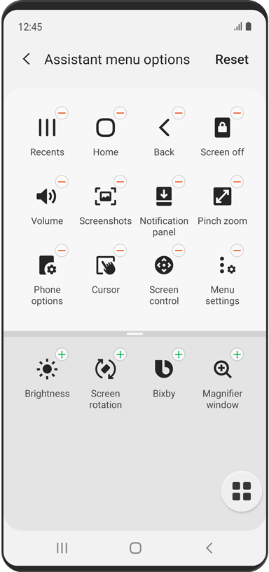 O menu “Opções do menu do assistente” é exibido. Os ícones de aplicações para Recentes, Início, Voltar, Ecrã desativado, Volume, Capturas de ecrã, Painel de notificação, Ampliar, Opções do telefone, Cursor, Controlo de ecrã e Definições de menu estão ativos e podem ser eliminados. Os ícones de aplicações das janelas Brilho, Rotação de ecrã, Bixby e Lupa estão inativos e podem ser adicionados.
