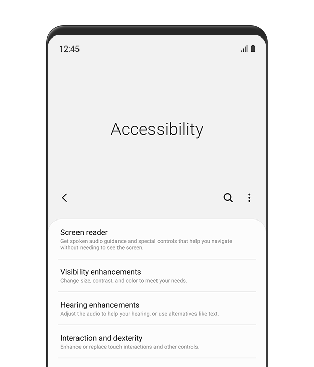 O menu “Acessibilidade” é exibido. Isto inclui opções para “Leitor de ecrã”, “Melhorias de visibilidade”, “Melhorias auditivas” e “Interação e destreza”.