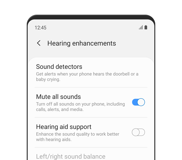 O menu “Melhorias auditivas” é exibido. Silenciar todos os sons está ativado. O texto da descrição diz: Desligue todos os sons do telefone, incluindo chamadas, alertas e media.