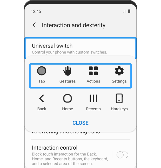 O menu “Interação e destreza” é exibido. O interruptor universal está ativado. Os ícones personalizados são exibidos com o texto: Controle o seu telefone com interruptores personalizados