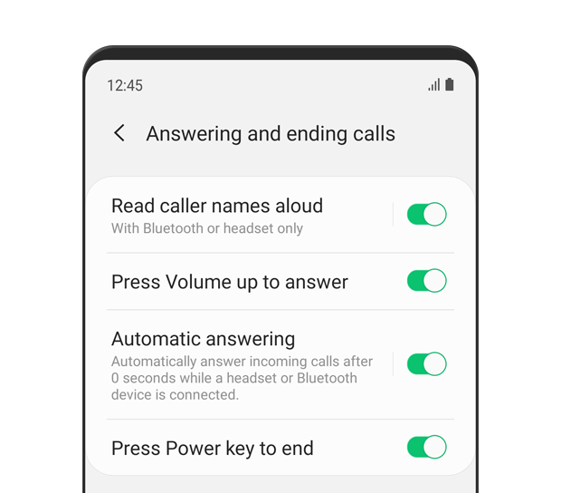 O menu “Atender e terminar chamadas” é exibido. Quatro opções - Ler nomes de chamadas em voz alta, Pressione Aumentar volume para atender, Atendimento automático e Pressione a tecla Ligar/Desligar para finalizar - estão todas ativadas.