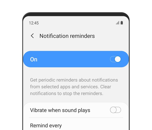 O menu “Lembretes de notificação” é exibido. Os lembretes de notificação estão ativados. O texto da descrição diz: Receba lembretes periódicos sobre notificações de aplicações e serviços selecionados. Limpar notificações para interromper os lembretes.