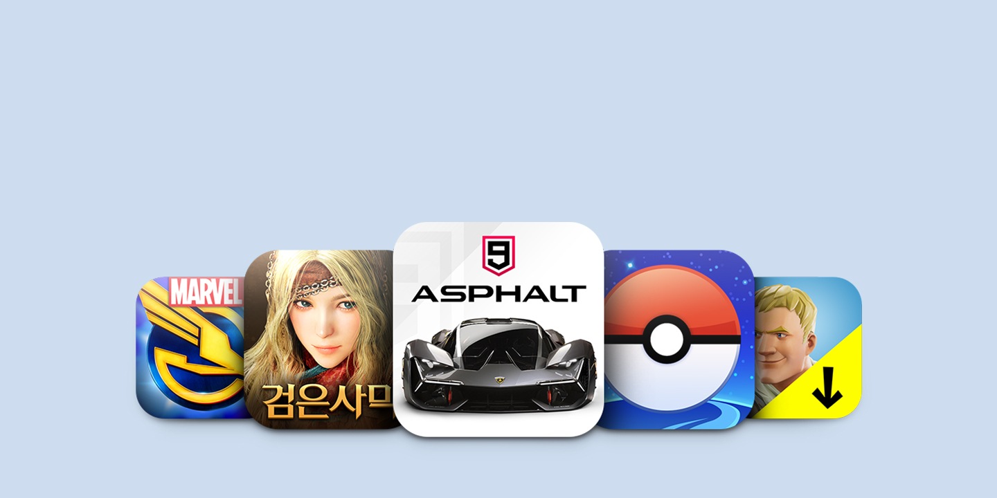 Vemos as miniaturas de aplicações de jogos para telemóveis e tablets, como o Asphalt 9, no frame inferior, sobre um fundo azul claro.