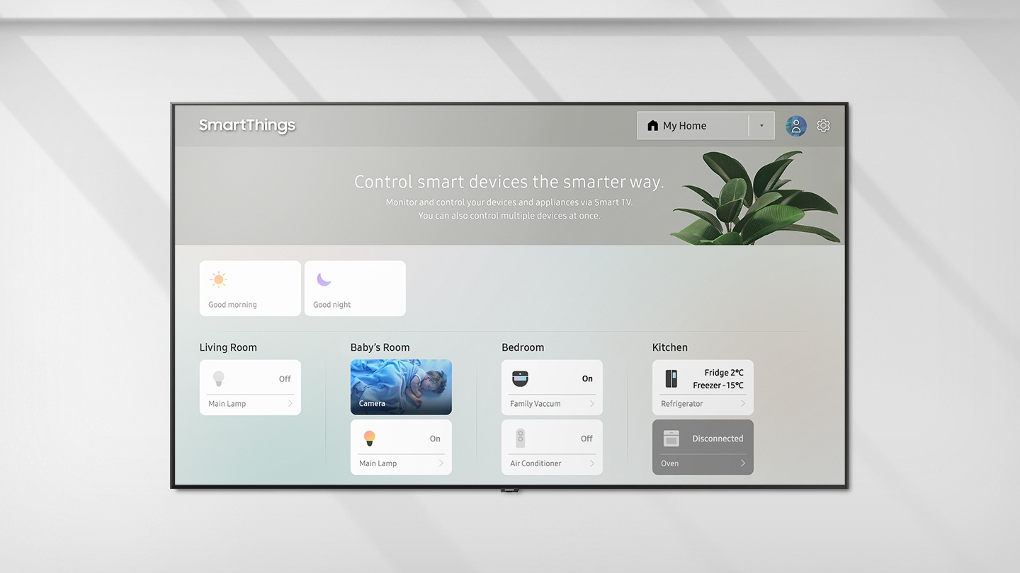 O Painel do Smart Things na Smart TV com a legenda "Controle os dispositivos inteligentes da forma mais inteligente".