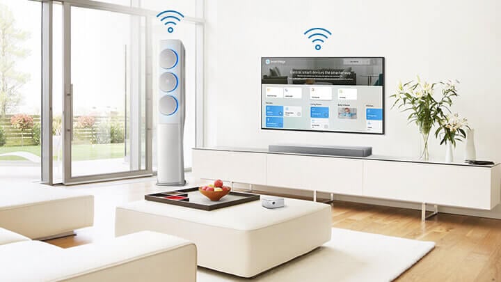 Painel SmartThings na Smart TV e ar condicionado com ícones Wi-Fi.