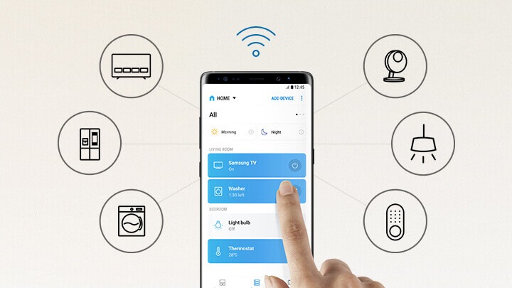 Painel SmartThings no telemóvel com ícones IoT; Smart TV, frigorífico, máquina de lavar roupa, câmara, luz e bloqueio.