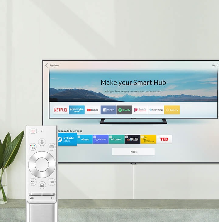 Controlo Remoto Único e Smart TV; o ecrã de visualização do Smart Hub com a legenda "Crie o seu Smart Hub. Adicione as suas aplicações favoritas para criar o seu próprio hub inteligente".