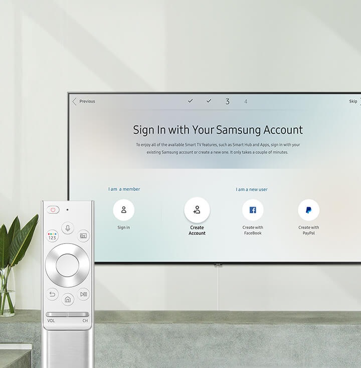 Um Controlo Remoto Único e Smart TV; faça login no ecrã da Samsung com a legenda "Fazer login com a sua conta da Samsung".