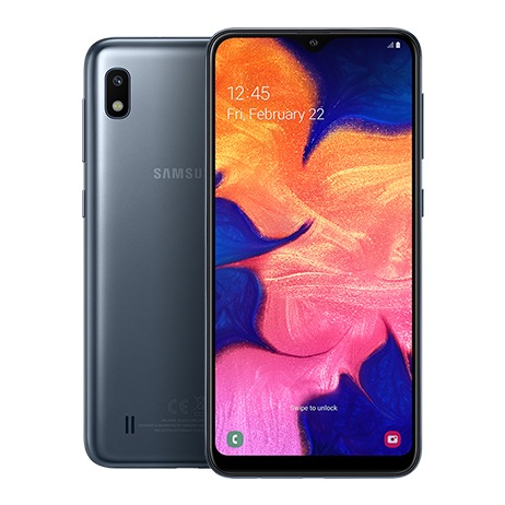 Galaxy A10 virado para trás, por detrás de um Galaxy A10 em posição vertical com flor laranja e rosa no ecrã.