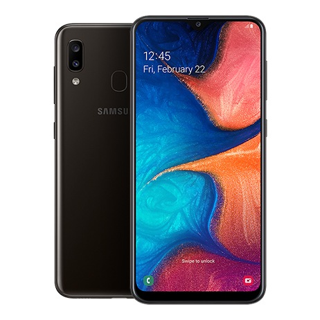 Galaxy A20 virado para trás, por detrás de um Galaxy A20 em posição vertical com pétalas laranja e rosa no ecrã.
