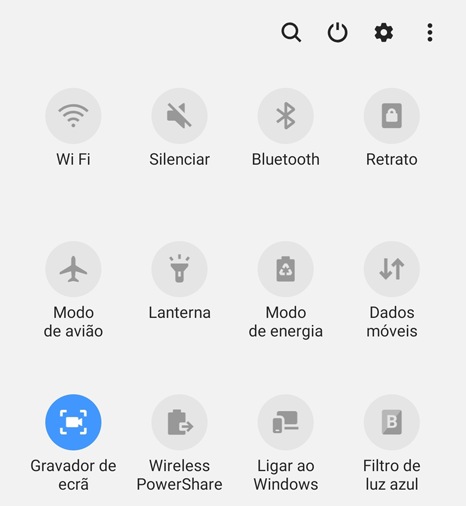 Imagem rápida do painel que apresenta o menu para seleccionar a função de gravador de ecrã
