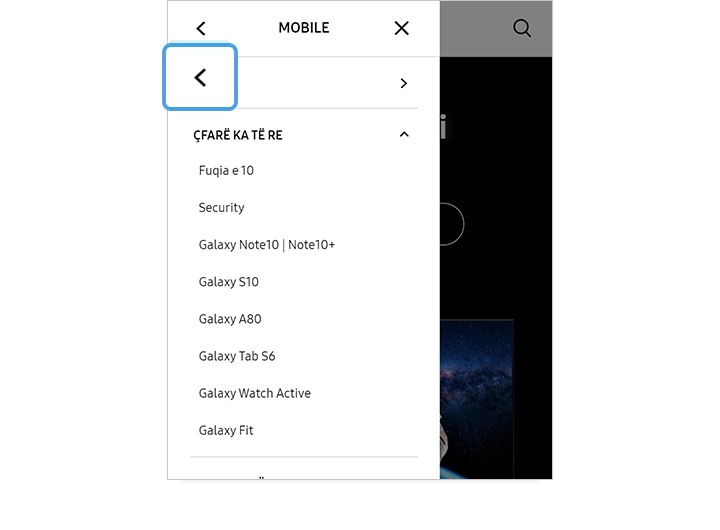 Imazh i zmadhuar i menusë "Back to 1 depth" të Samsung.com GNB në celular