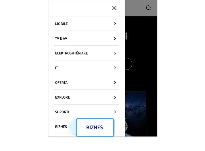 Imazh i zmadhuar i menusë Business të Samsung.com GNB në celular