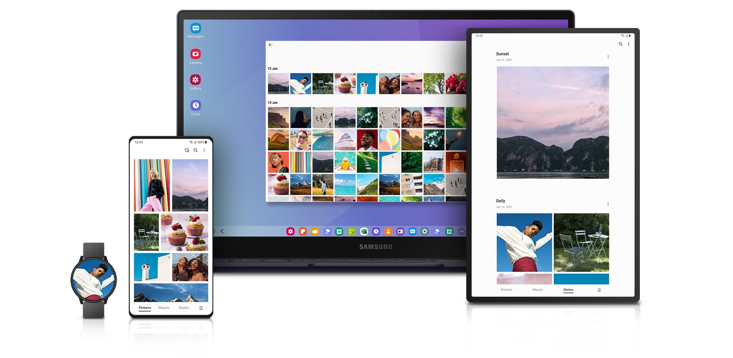 Un teléfono inteligente Galaxy, una tableta, un reloj y una PC Samsung muestran la aplicación Galería abierta con un diseño de interfaz de usuario optimizado para la pantalla de cada dispositivo.