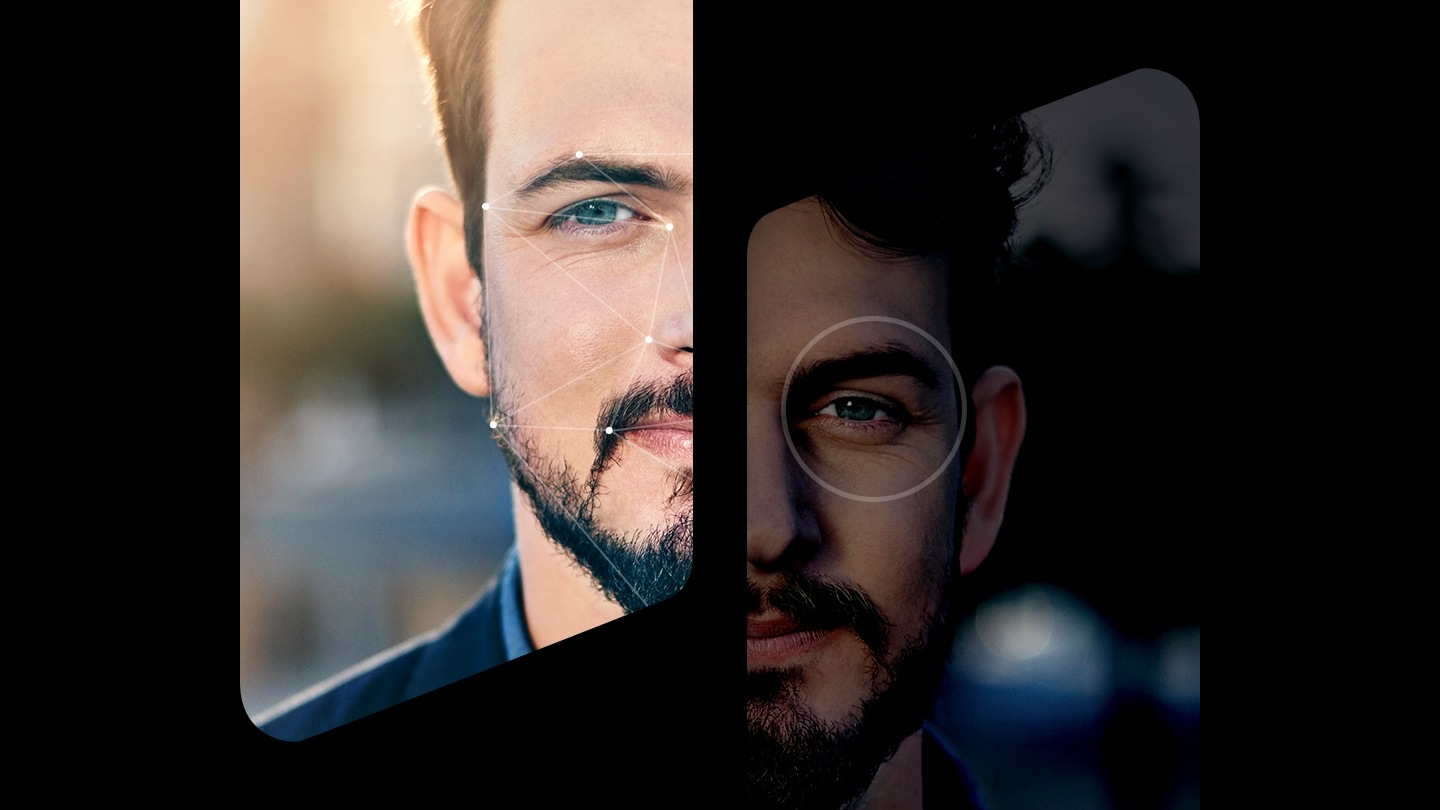 Capas ilustradas de reconocimiento facial y escaneo de iris de la cara de una persona