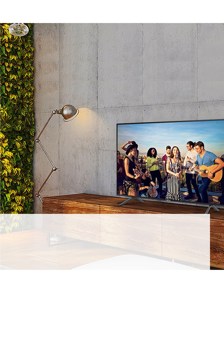 Un televisor de pantalla grande colgado en la pared muestra un paisaje de campo en una sala de estar iluminada con luz natural.