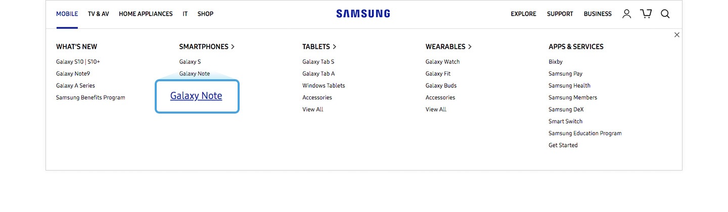Image agrandie du menu Galaxy Note de la BNG de Samsung.com