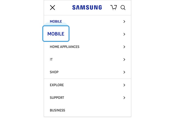 Image agrandie du menu Mobile de la BNG de Samsung.com