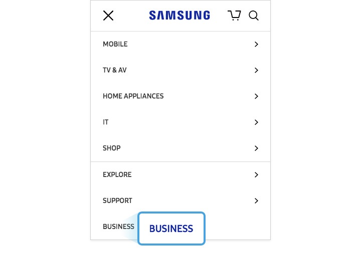 Image agrandie du menu ENTREPRISE de la BNG de Samsung.com sur mobile