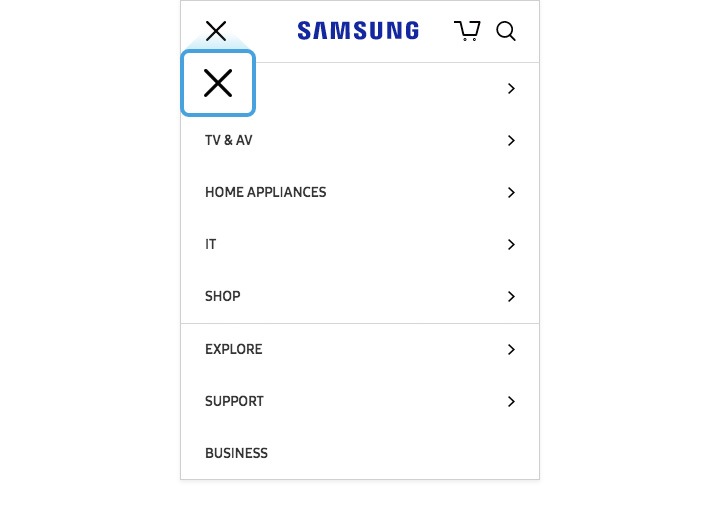 Image agrandie du bouton Fermer de la BNG de Samsung.com sur mobile