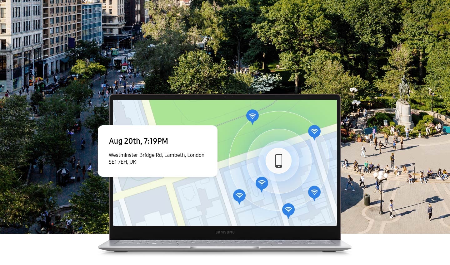 Im Hintergrund ist London zu sehen. Im Vordergrund wird auf einem Laptop-Bildschirm die Position eines verlorenen Geräts auf einer Karte angezeigt, mit dem Datum und der Uhrzeit des georteten Standorts.