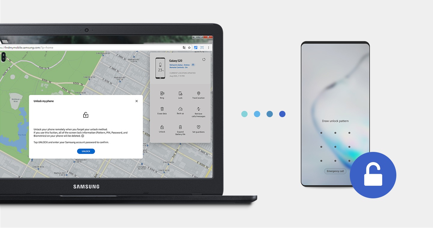 Ein Gerät wird über Fernzugriff von der Website „Find My Mobile“ auf einem Laptop gesperrt.