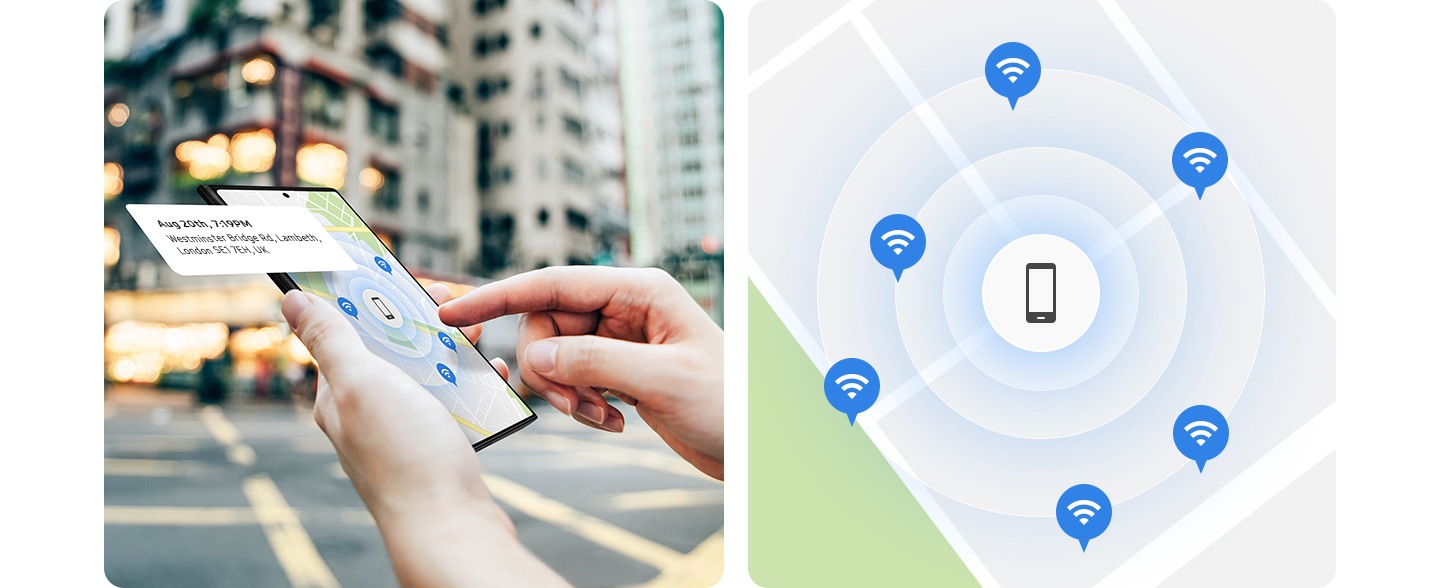 Links hält eine Person ein Smartphone in der Hand. Auf dem Display wird auf einer Karte der Standort des verlorenen Geräts angezeigt. Rechts wird dieselbe Karte vergrößert angezeigt, mit dem verlorenen Gerät, umgeben von den Signalen anderer Galaxy Geräte.