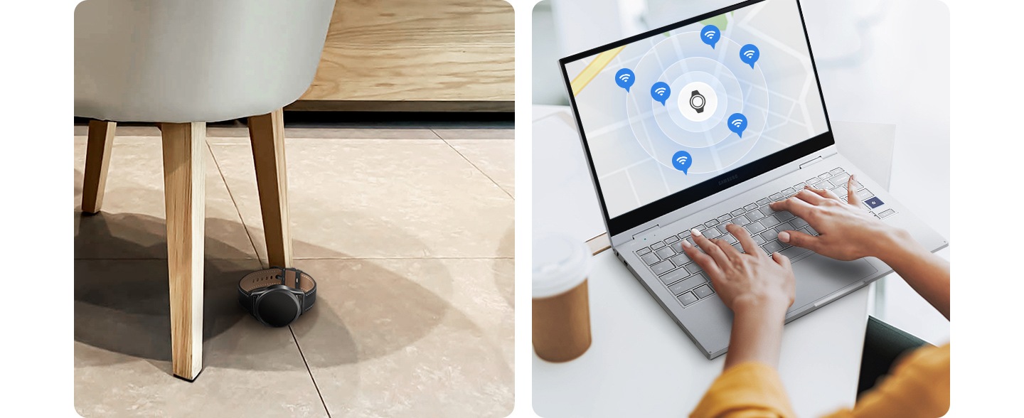 Links liegt eine Galaxy Watch unter einem Sessel auf dem Fußboden. Rechts verwendet eine Person einen Laptop. Auf dem Bildschirm wird eine Karte angezeigt mit einem Uhren-Symbol, umgeben von den Helfer-Signalen anderer Galaxy Geräte.
