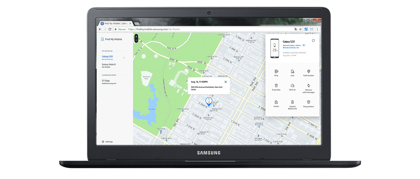 Die Website „Find My Mobile“ wird auf einem Laptop aufgerufen und auf einer Karte zeigt ein Symbol an, wo sich vermutlich ein verlorener Gegenstand befindet. Die Funktion „Mein Display orten“ wird verwendet.