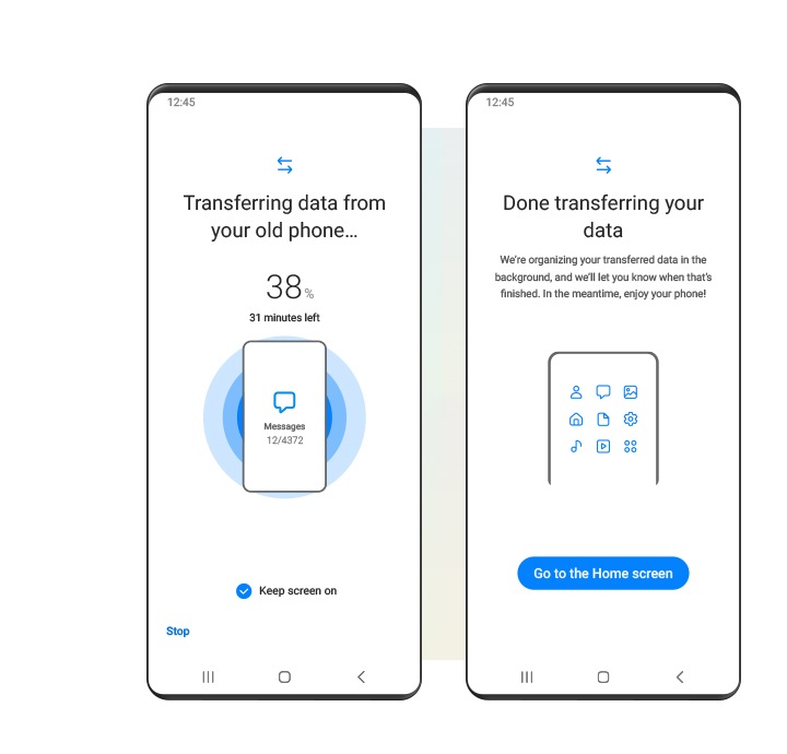 Der Teil „Verbinde dich“ auf der Benutzeroberfläche von Smart Switch wird auf einem Galaxy-Gerät simuliert. Links ist auf einer grafischen Benutzeroberfläche der Datenübertragungsprozess zu sehen. Dabei wird der Fortschritt in Prozent und verbleibenden Minuten angezeigt. Rechts wird auf einer anderen grafischen Benutzeroberfläche die abgeschlossene Datenübertragung angezeigt.