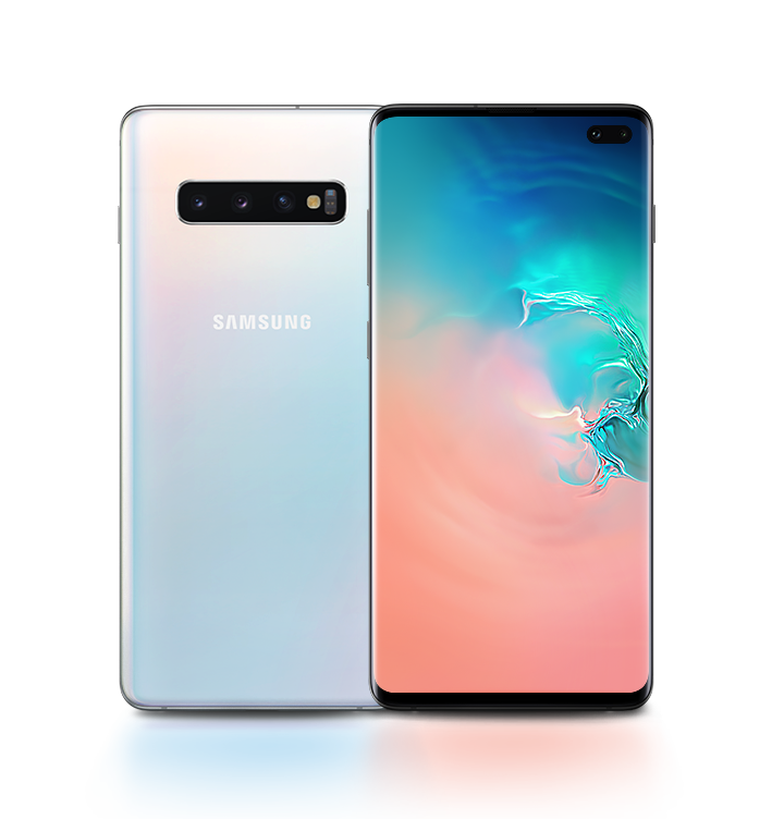 Zwei Galaxy S10 Smartphones in Prism White, eines von der Rückseite und eines von der Vorderseite gesehen. Das Smartphone im Vordergrund zeigt ein abstraktes Korallenmotiv mit einem blauen Verlauf.